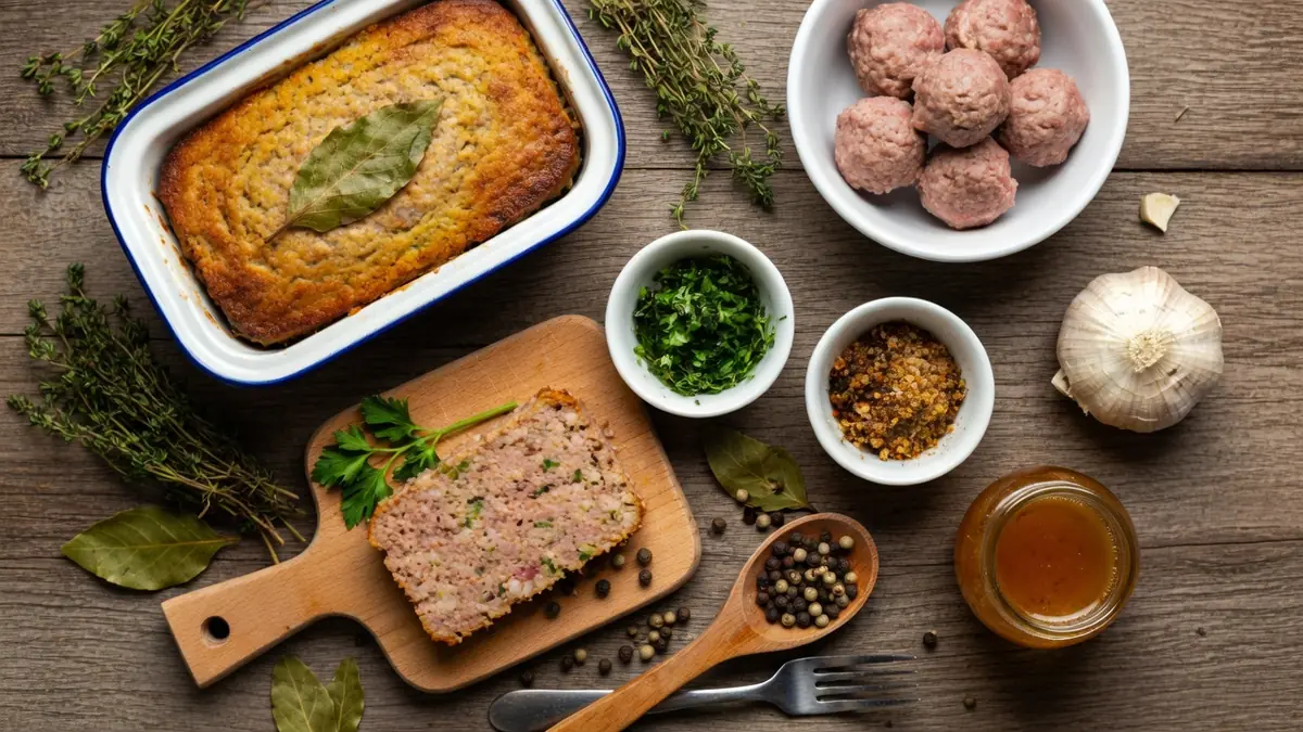 Vue de dessus d'une terrine de campagne à l'ancienne recette facile et de ses ingrédients sur une table en bois