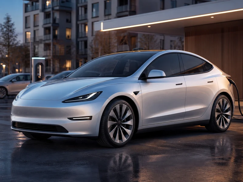 La Tesla Model 2 se recharge devant des immeubles urbains au crepuscule.