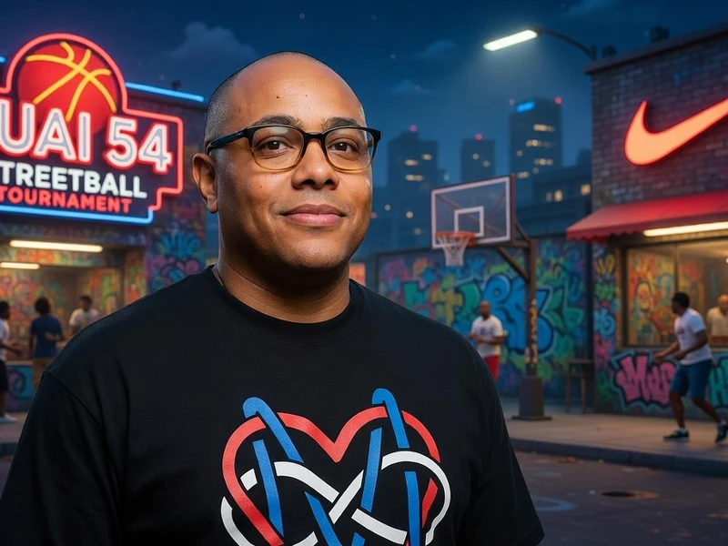 Thibaut de Longeville sourit face à la caméra dans une rue nocturne aux murs couverts de graffitis et un panier de basket visible