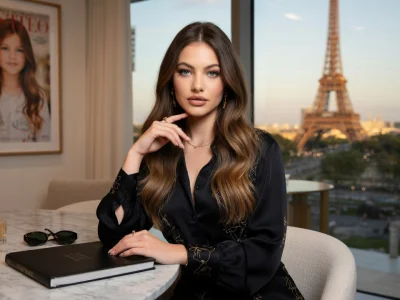 Thylane Blondeau posant dans un intérieur chic avec vue sur la tour Eiffel