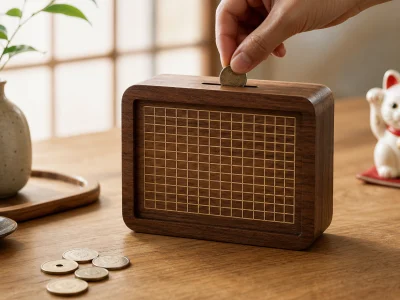 Une main dépose une pièce dans une tirelire japonaise en bois.