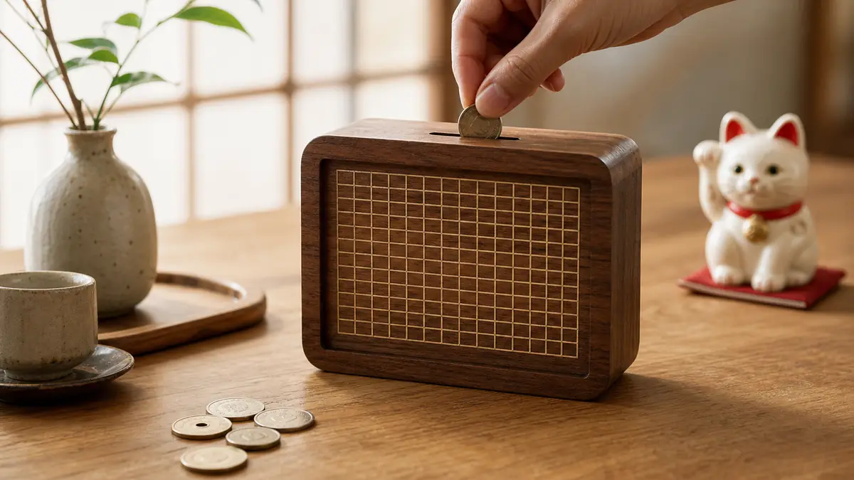 Une main dépose une pièce dans une tirelire japonaise en bois.