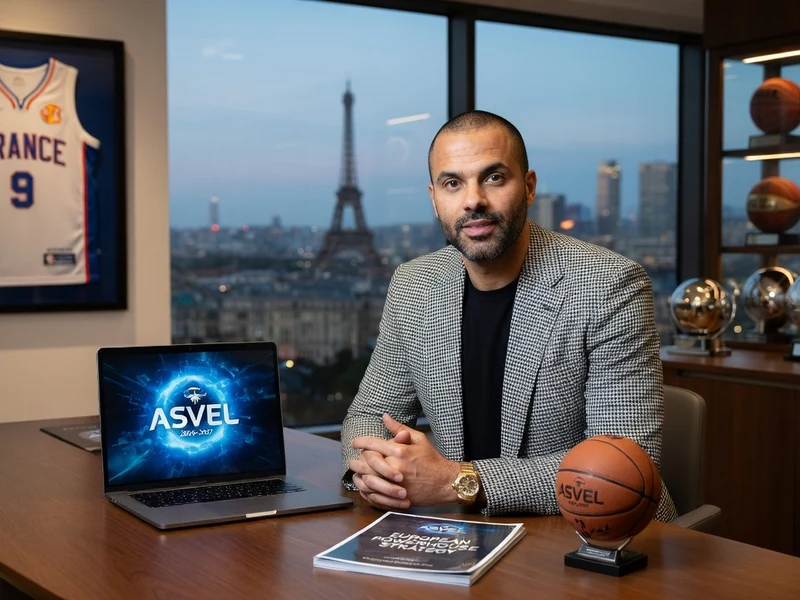 Tony Parker pose à son bureau avec une vue sur la tour Eiffel en arrière-plan