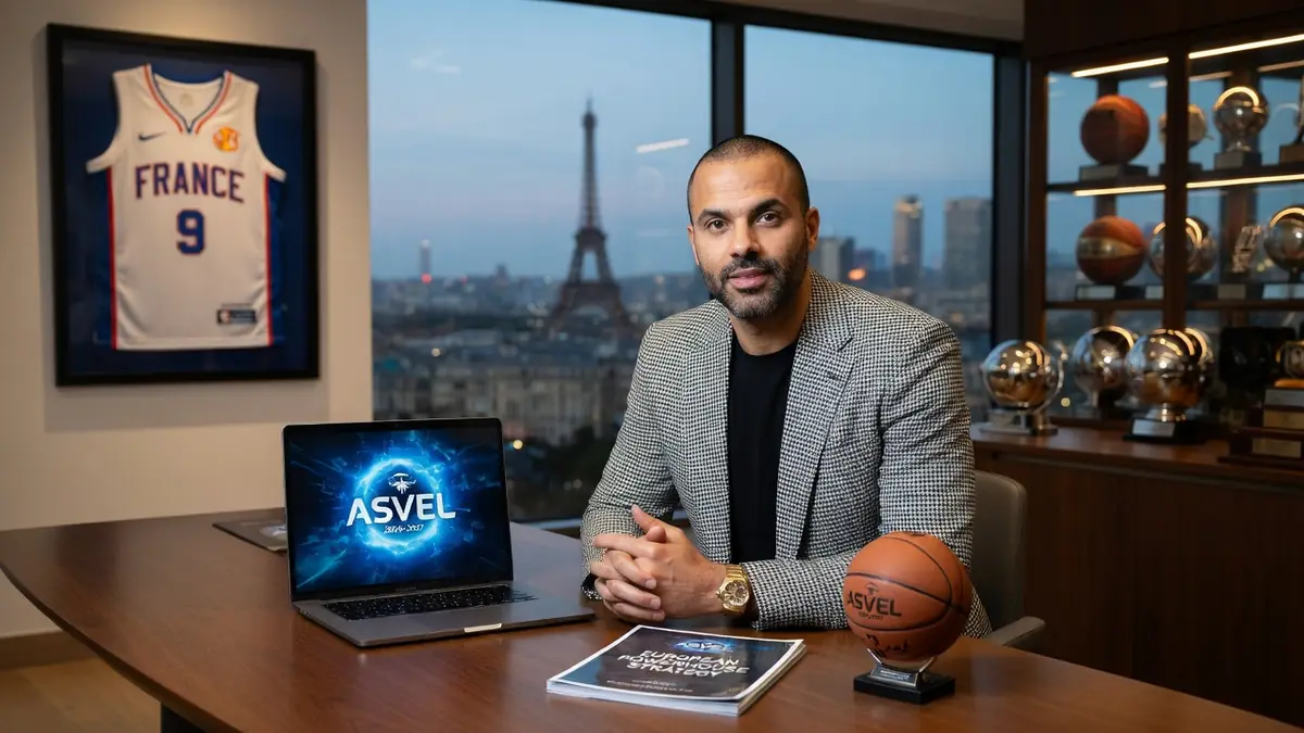 Tony Parker pose à son bureau avec une vue sur la tour Eiffel en arrière-plan