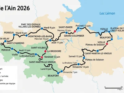 La carte montre le tracé du tour de L'Ain 2026 à travers la région