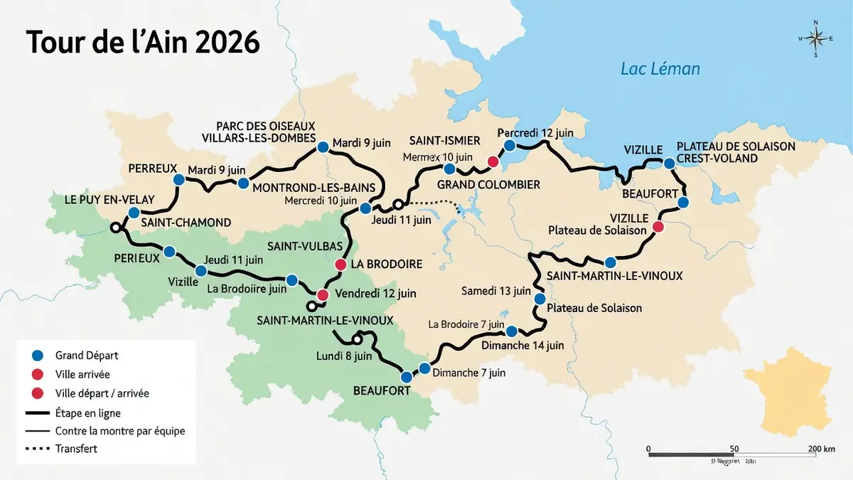 La carte montre le tracé du tour de L'Ain 2026 à travers la région