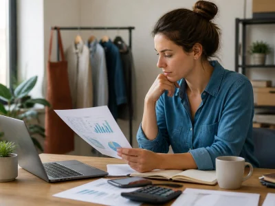 Une entrepreneuse analyse ses documents financiers pour comprendre les règles sur les micro-entreprises et TVA