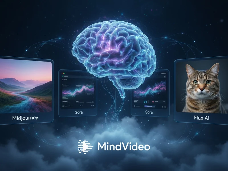 Une illustration cosmique d'un cerveau connecté à des créations visuelles IA illustre Mind vidéo