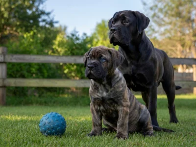 Un chiot Cane Corso brun tacheté et un grand noir dans l'herbe avec un ballon bleu