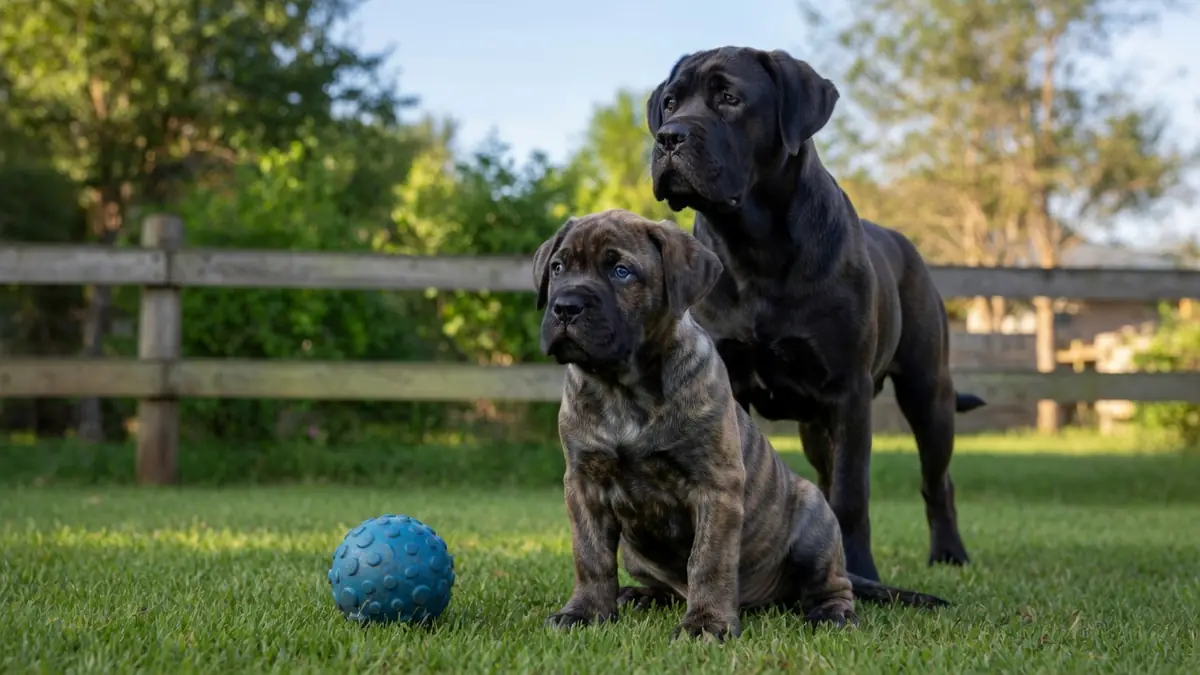Un chiot Cane Corso brun tacheté et un grand noir dans l'herbe avec un ballon bleu