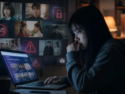 Jeune femme concentrée devant son ordinateur pour voir Drama Org et ses séries asiatiques en streaming