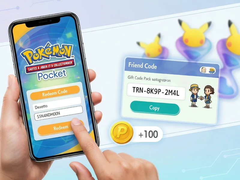 Une main tient un smartphone tandis qu'un doigt active un code Pokémon TCG Pocket près d'une carte cadeau