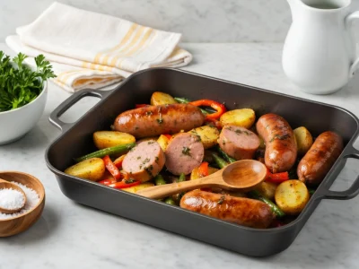 Un plat de saucisses au four cuisson servi avec des légumes dans une cuisine