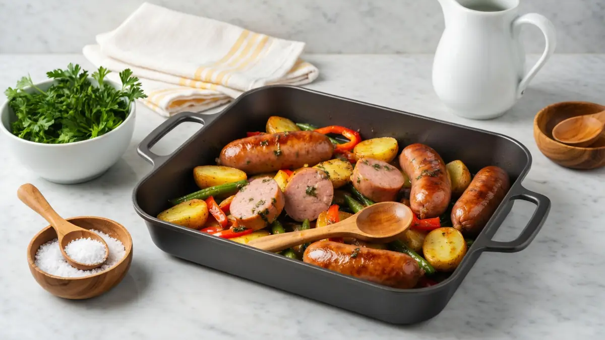 Un plat de saucisses au four cuisson servi avec des légumes dans une cuisine
