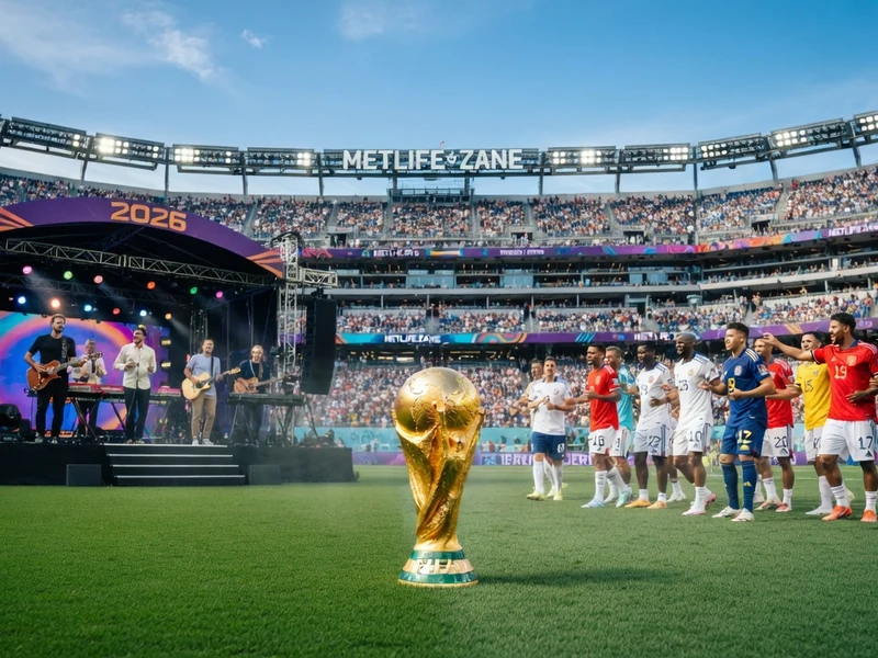 Vue d'un stade lors de la date finale Coupe du monde 2026 avec le trophée et des footballeurs sur la pelouse