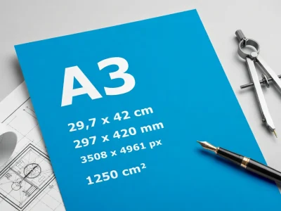 Une feuille bleue posée sur un plan technique avec un compas et un stylo illustrant la a3 Dimension