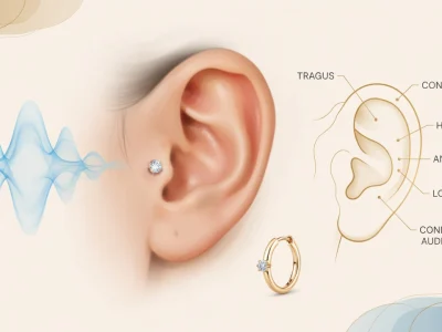 Schéma anatomique illustrant le positionnement d'un bijou sur le tragus de l'oreille