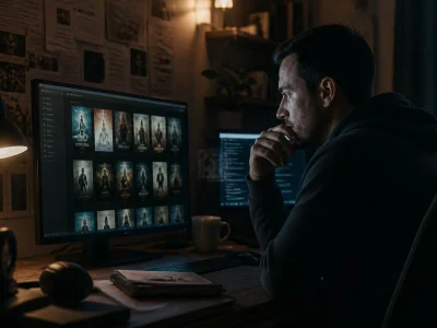 Un homme utilise la plateforme Udriz pour choisir un film sur son ordinateur dans une pièce sombre