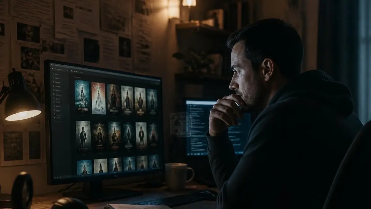 Un homme utilise la plateforme Udriz pour choisir un film sur son ordinateur dans une pièce sombre