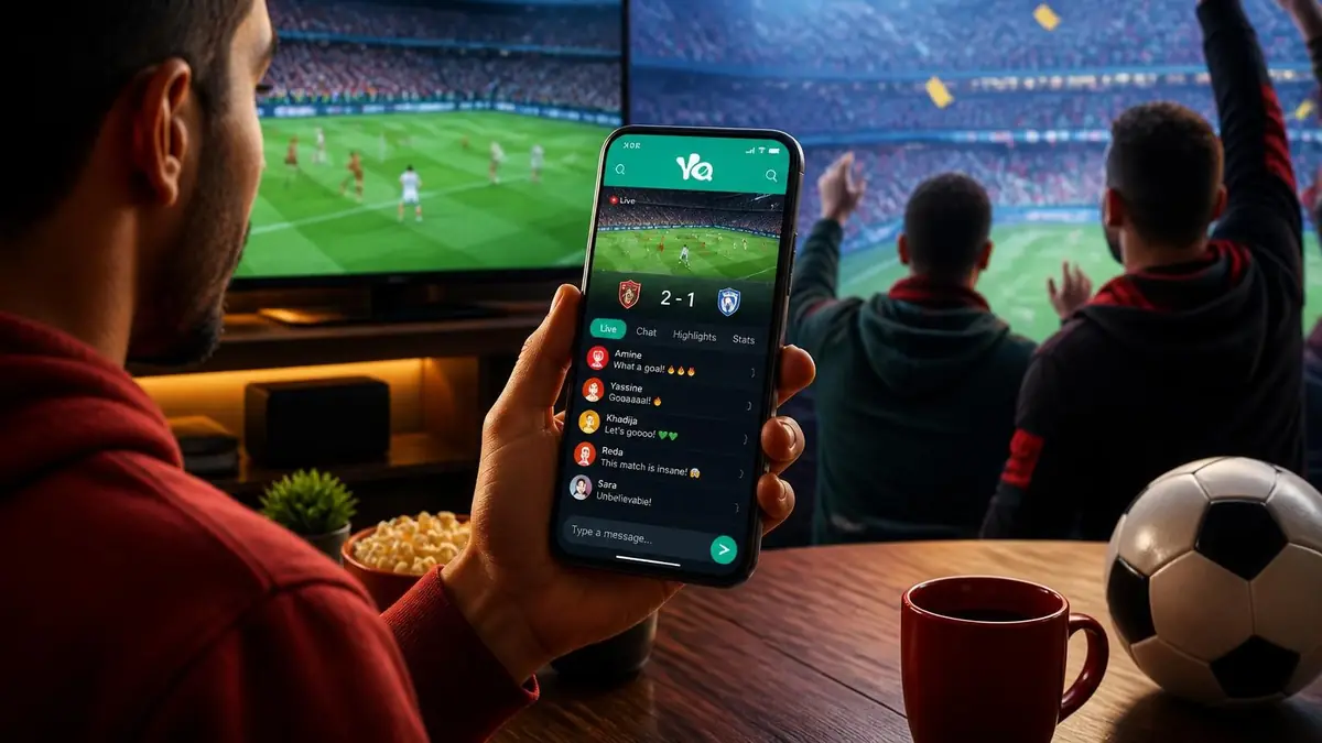 Un fan de football utilise l'application yalla Live sur son smartphone pour suivre un match en direct avec ses amis
