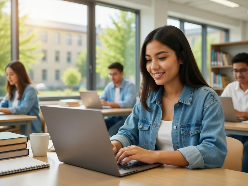 Étudiante souriante utilisant son ordinateur portable dans une bibliothèque pour se connecter à zimbra Caen