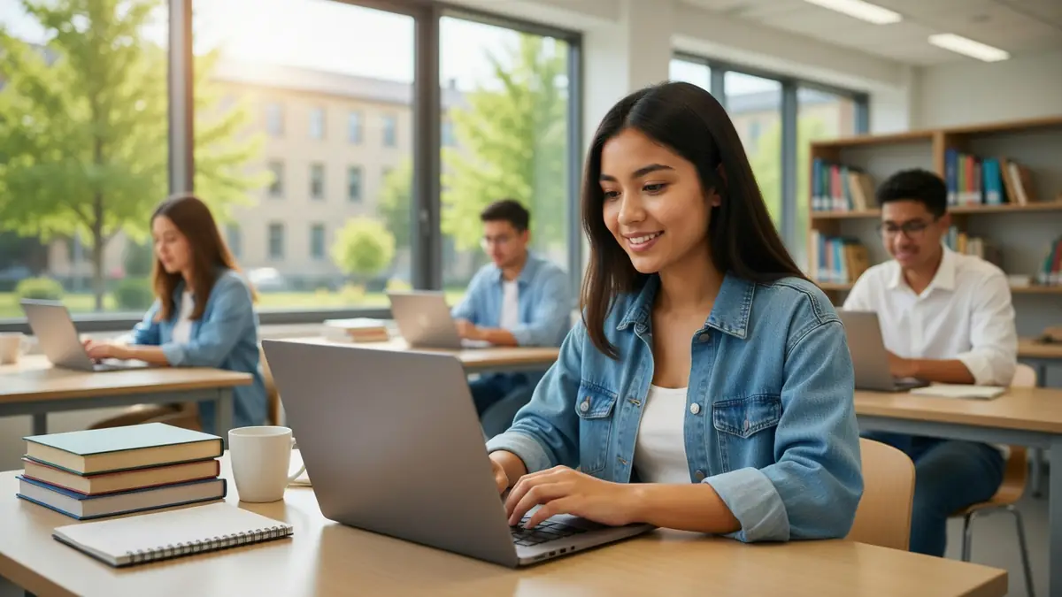 Étudiante souriante utilisant son ordinateur portable dans une bibliothèque pour se connecter à zimbra Caen