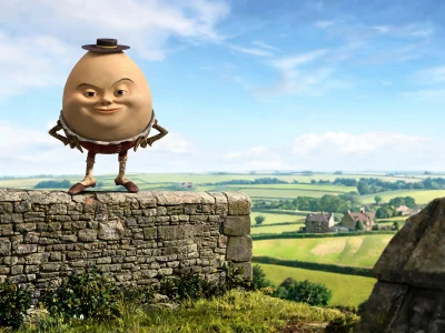 Un oeuf chat potté avec un chapeau et des bottes se tient sur un mur de pierre face à la campagne