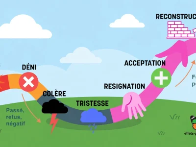 L'image représente visuellement les étapes d'un deuil comme un parcours du négatif vers le positif
