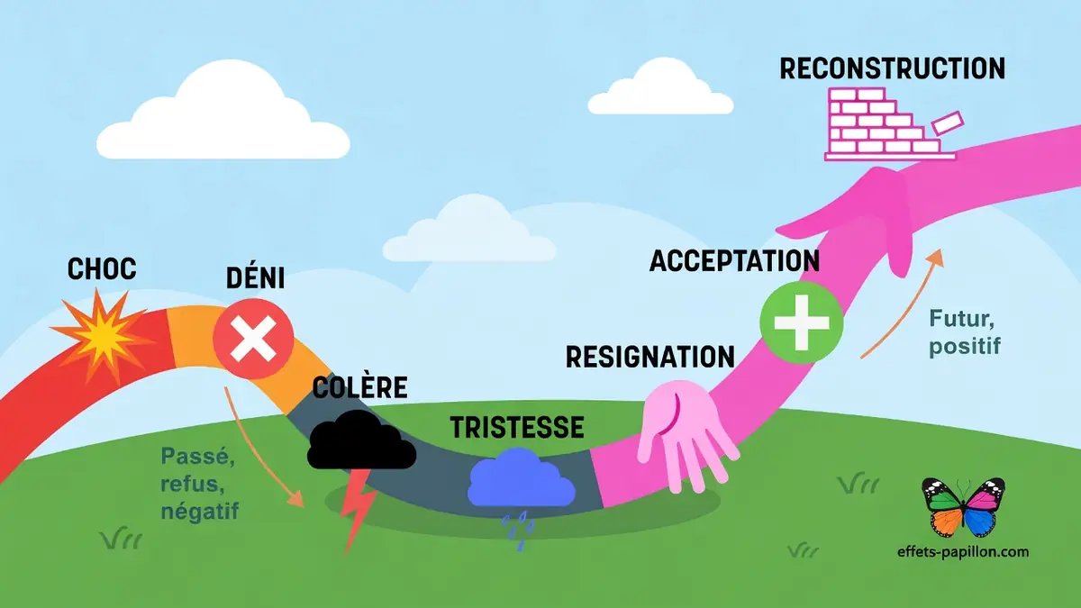 L'image représente visuellement les étapes d'un deuil comme un parcours du négatif vers le positif