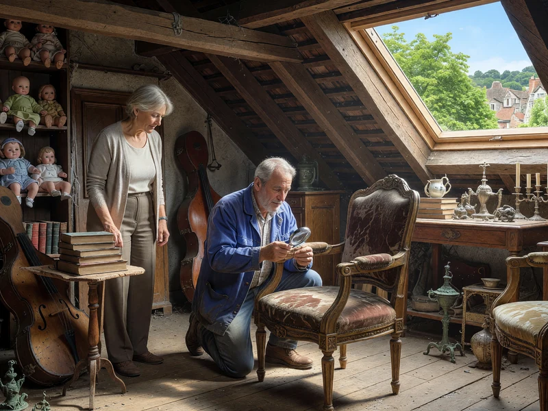Des brocanteurs 78 inspectent des objets anciens dans un grenier mansardé lumineux