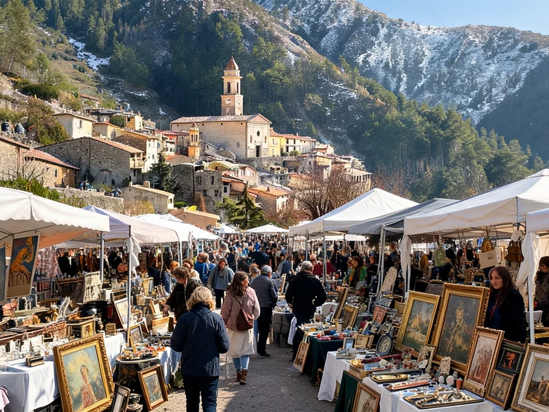 Une foule parcourt les stands d'un vide-greniers dans le 06 dans un village au pied des montagnes enneigées