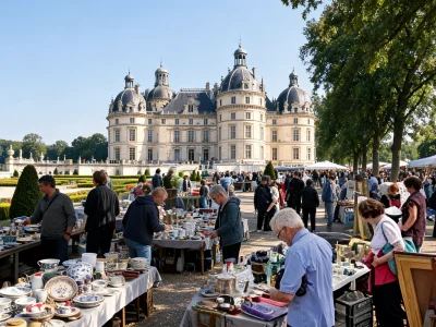 Une foule flâne parmi les stands des brocantes dans le 77 devant un château ```