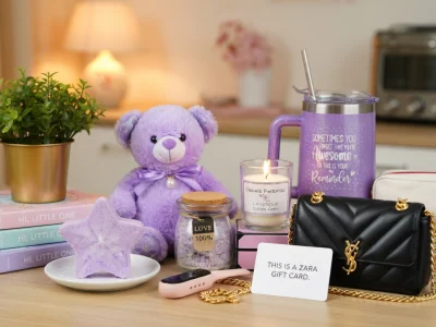 Des cadeaux posés sur une table dont un ours en peluche violet et un sac à main noir illustrent l'idée cadeau anniversaire femme