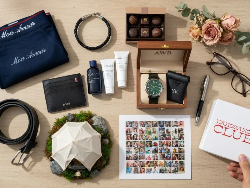 Divers accessoires masculins sont disposés pour illustrer une idée cadeau Saint-Valentin pour homme