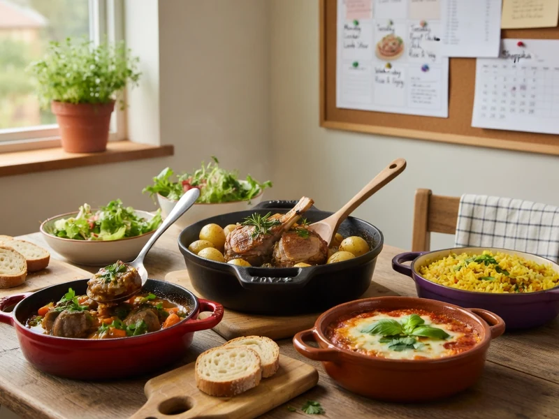 Une table garnie de cocottes colorées et salades pour une idée repas famille