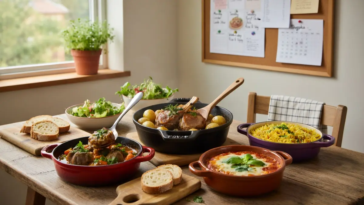 Une table garnie de cocottes colorées et salades pour une idée repas famille