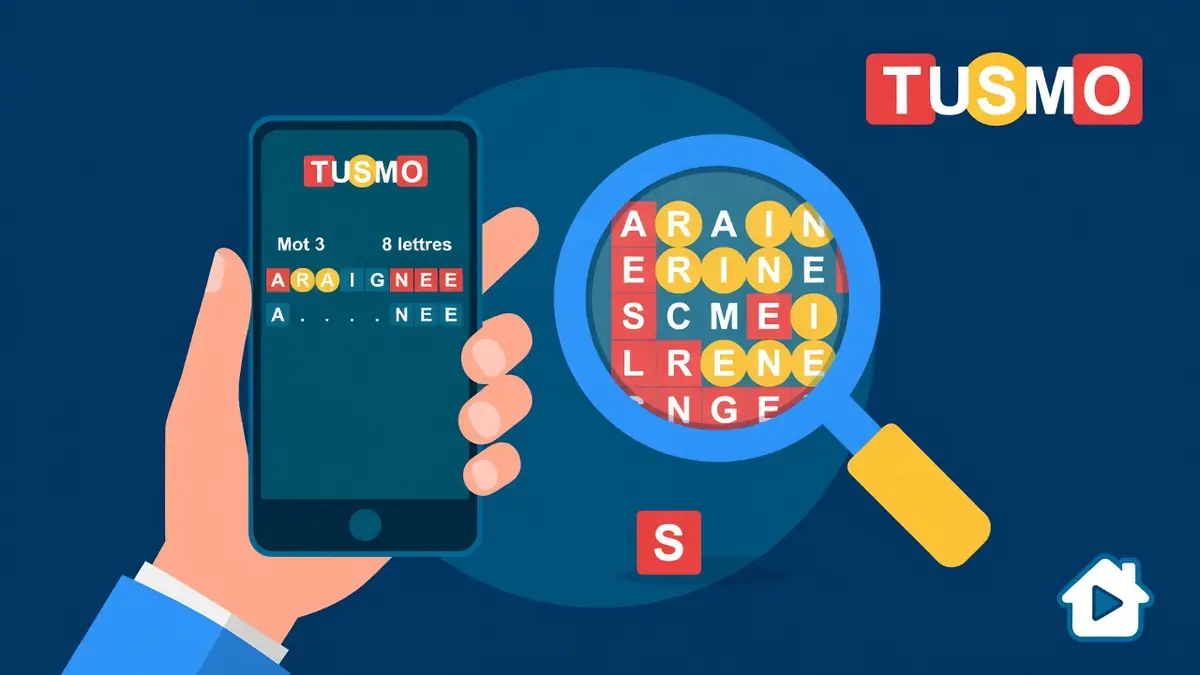Une main tient un smartphone affichant un jeu de lettres pour trouver la solution Tusmo avec une loupe