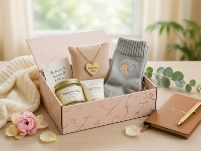 Un coffret rose ouvert montre un cadeau Maman naissance avec chaussettes, crèmes et carnet sur une table