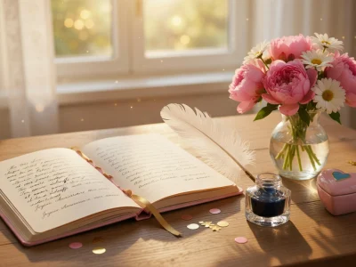 Un livre ouvert une plume et un bouquet de fleurs sur une table en bois pour le texte anniversaire femme