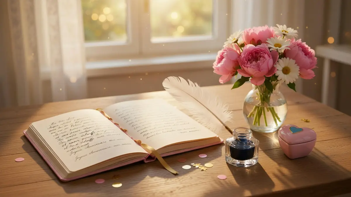 Un livre ouvert une plume et un bouquet de fleurs sur une table en bois pour le texte anniversaire femme