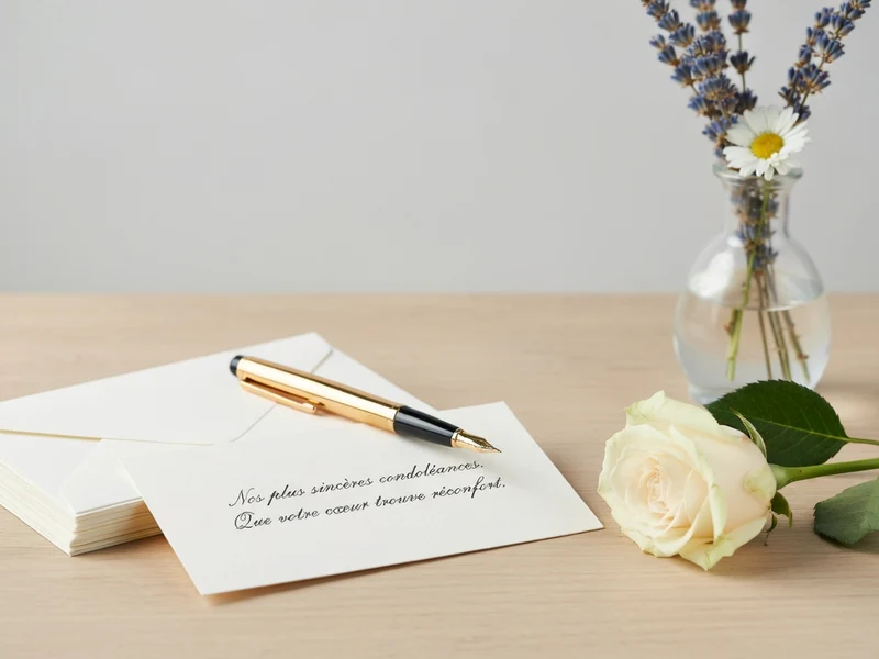 Le matériel d'écriture et les fleurs sur la table illustrent les textes pour des condoléances