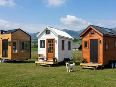 Trois tiny house à vendre dans un champ avec un chien blanc devant des montagnes