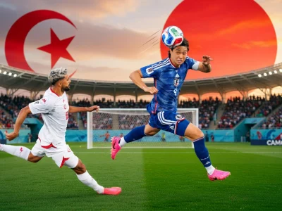 Un joueur japonais dispute un ballon de la tête face à un défenseur tunisien lors du match Tunisie – Japon