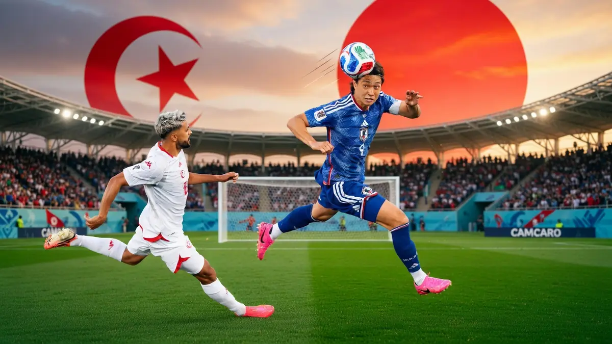 Un joueur japonais dispute un ballon de la tête face à un défenseur tunisien lors du match Tunisie – Japon
