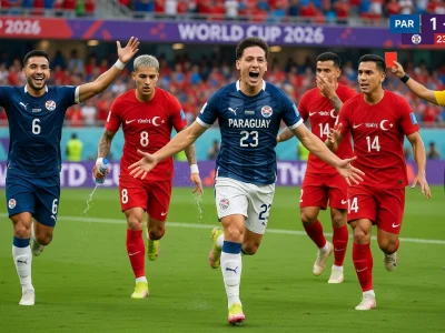 Des joueurs de football célèbrent un but lors du match Turquie – Paraguay sous les yeux de l'arbitre