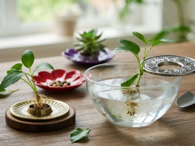 Plantes enracinées avec bobèche métallique et transplantoir sur une table en bois