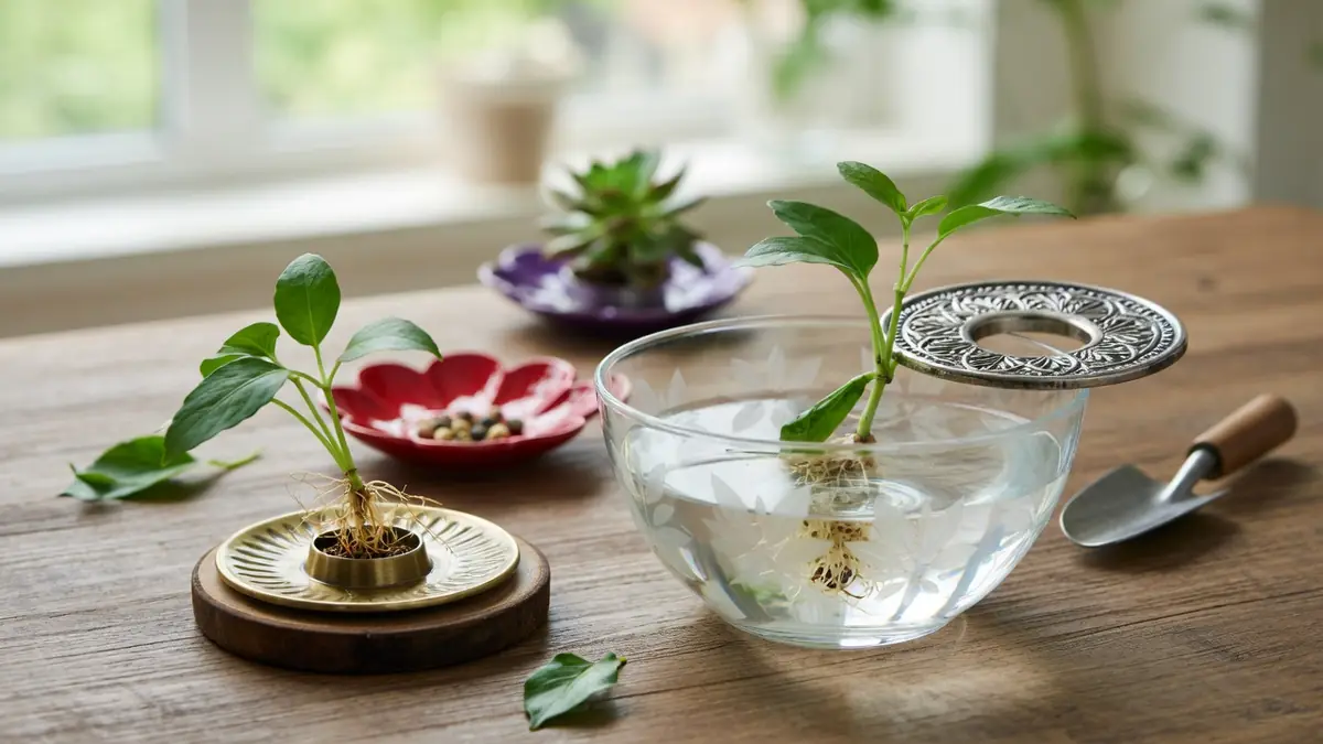 Plantes enracinées avec bobèche métallique et transplantoir sur une table en bois