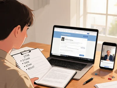 Un homme consulte sa lettre de recommandation sur son ordinateur portable lors d'une visioconférence sur smartphone
