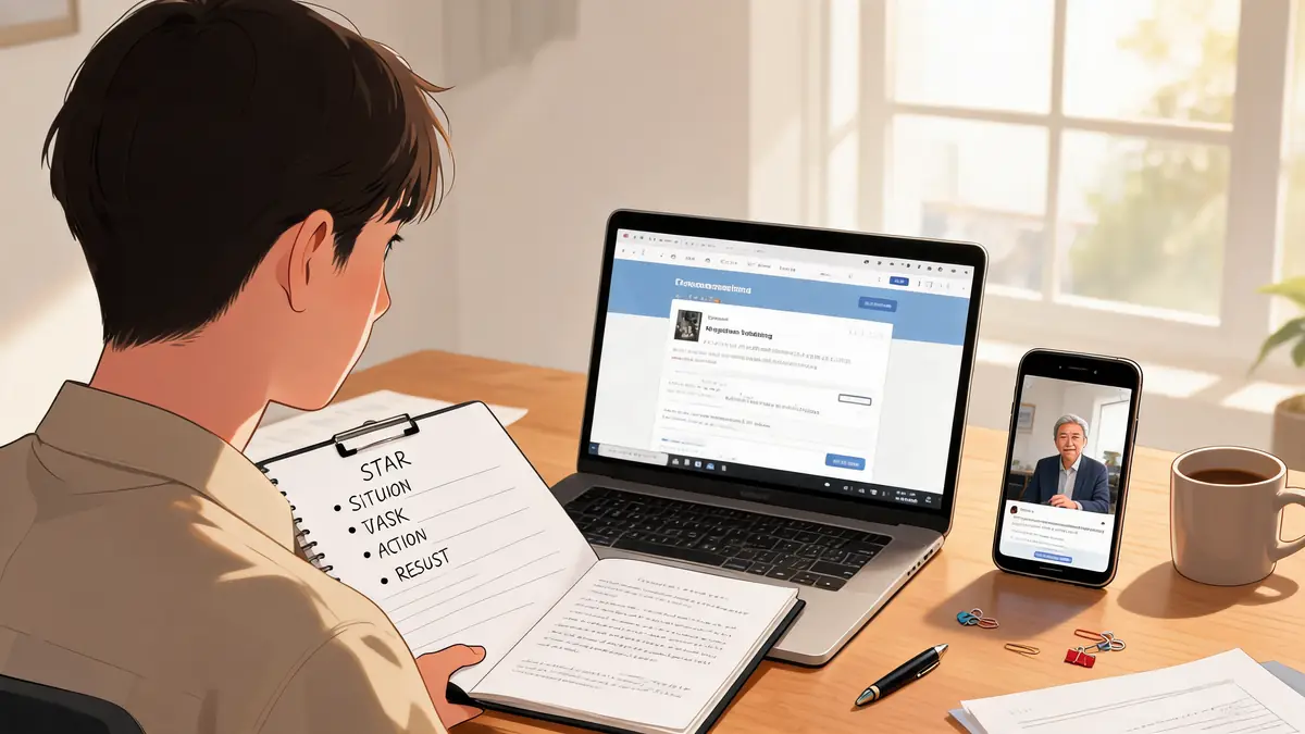 Un homme consulte sa lettre de recommandation sur son ordinateur portable lors d'une visioconférence sur smartphone