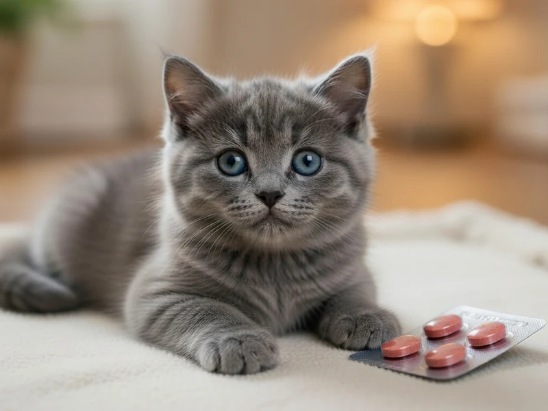 Un chaton gris allongé sur un tissu blanc à côté d'un vermifuge pour chaton